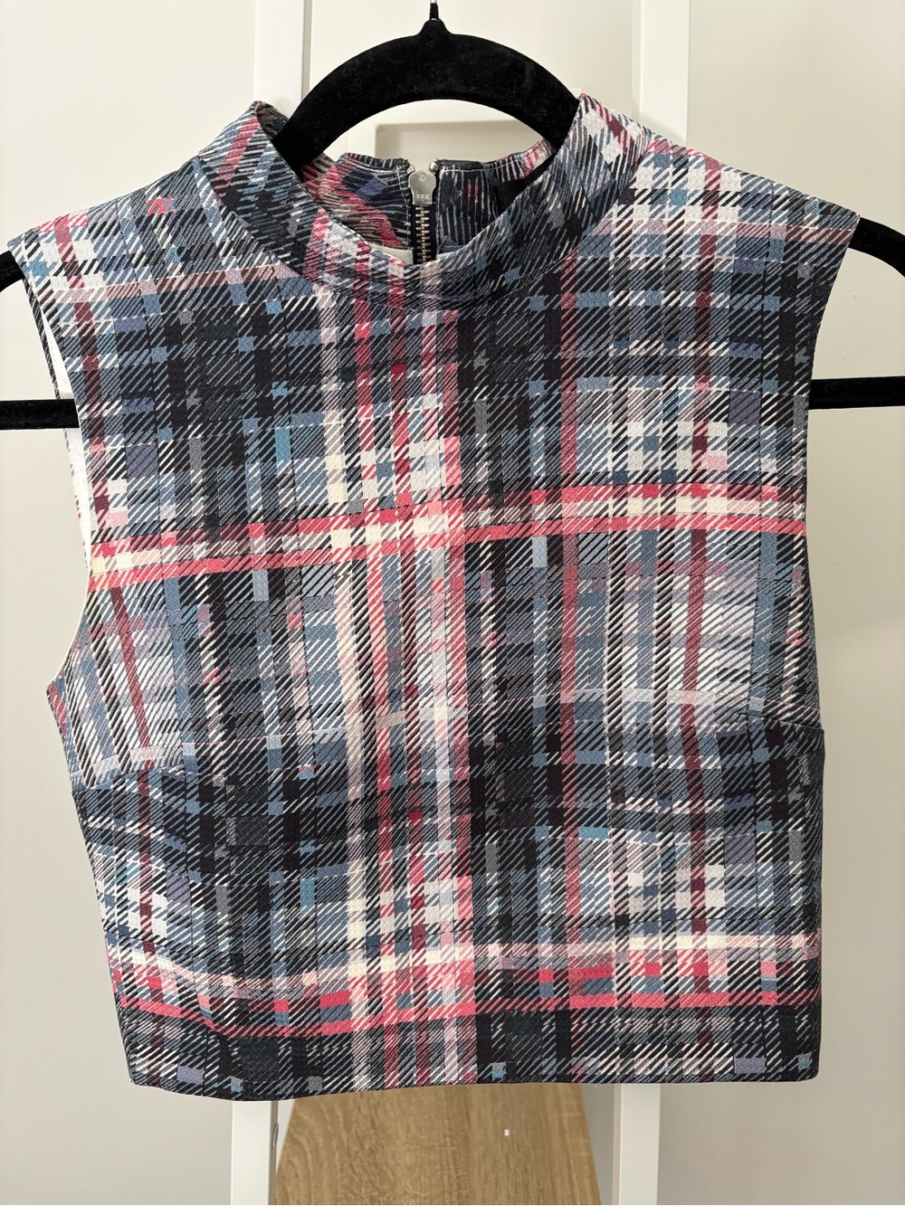 NICHOLAS Plaid Sleeveless Crop Top in Black, White & Pink